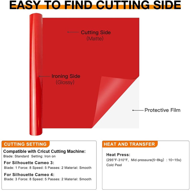 HTVRONT HTV Heat Transfer Vinyl - 12" x 8ft Red HTV Vinyl for Shirts, Red Iron on Vinyl for All Cutting Machine - Easy to Cut & Weed for Heat Transfer Design - Image 5